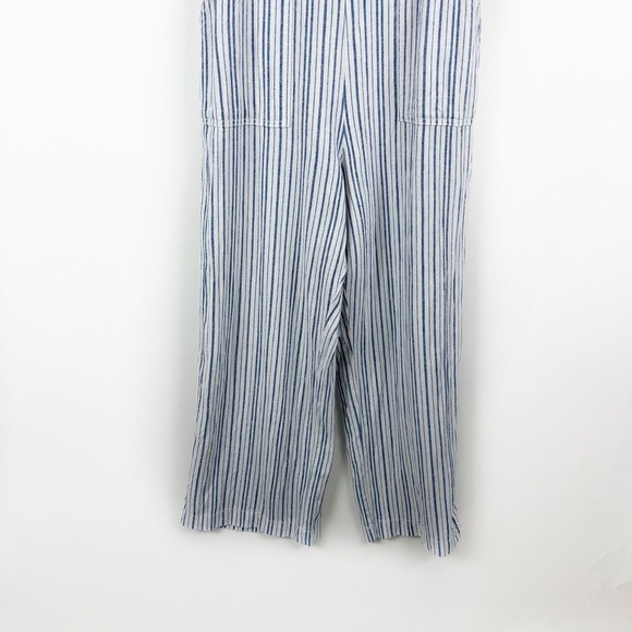 Old Navy Linen Cropped Jumpsuit Smocked Back Blue Stripe Boho Lagenlook - Picture 3 of 16